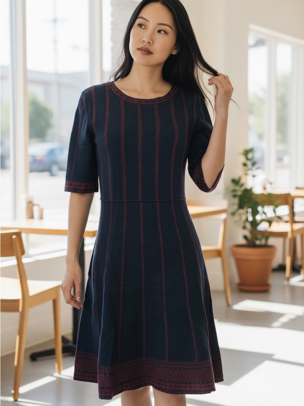 41 Hawthorn Navy Dress with Maroon Trim